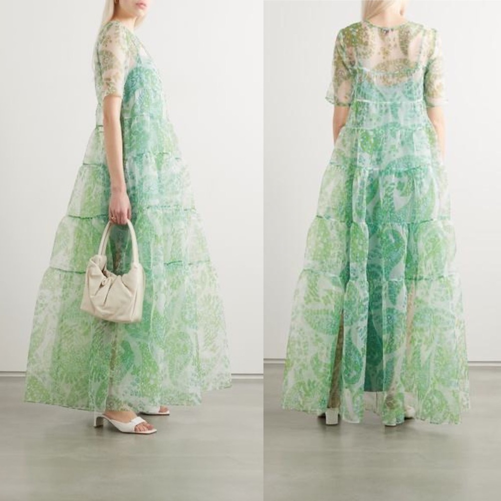 STAUD Cocoon Tiered Organza Paisley Print Maxi Dress Blue Green NEW with tags - Picture 12 of 15